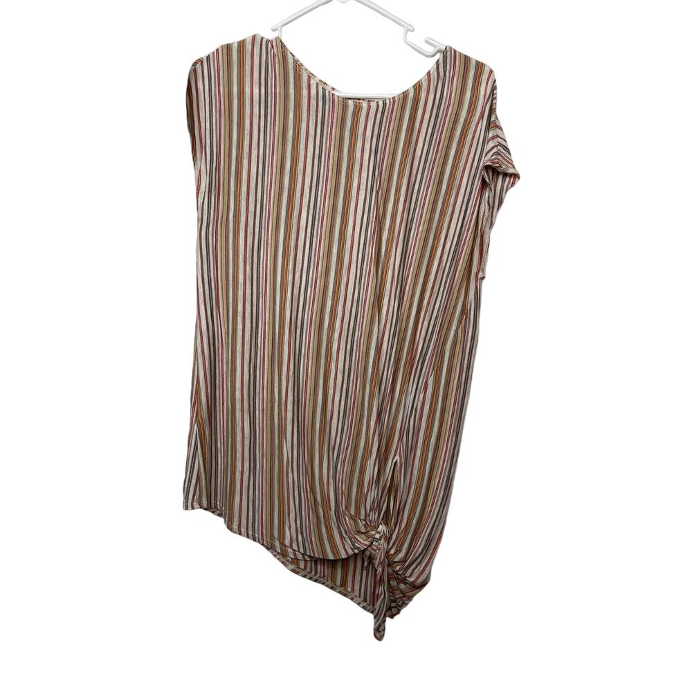 Max Studio blouse knit shirt top women's medium natural stripe tie front red tan
